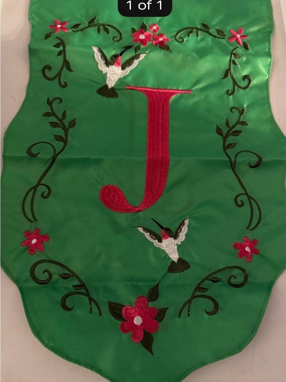 Green Holiday Garden Flag with Pink Monogram 'J' and Floral Embroidery